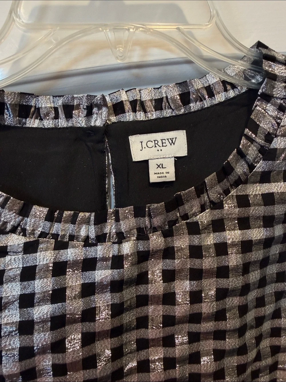 J. Crew Black and Silver Metallic Checkered Top